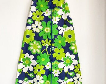 Vintage 70s Psicodélico Gran Ácido Verde Floral Waffle textura Una Línea Falda S