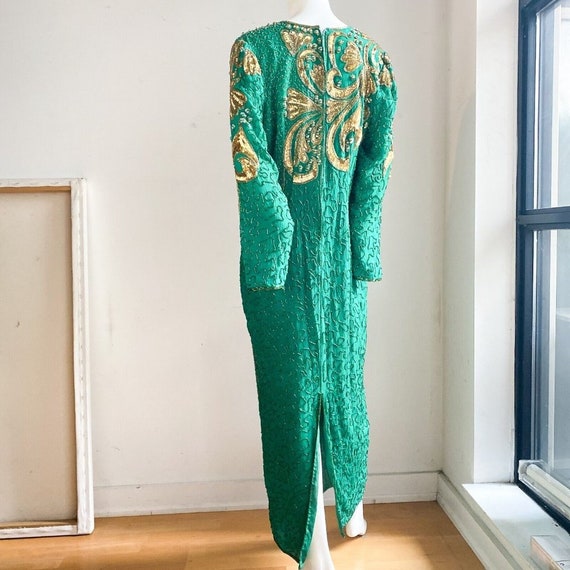 Vintage Emerald Green Silk Gold Beaded Embroidere… - image 9