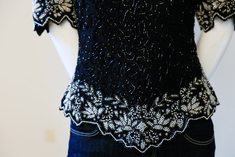 Gatsby Top| Short Sleeve Sequin Top Flapper Top Black Beaded Top Black Beaded Top Evening Top Vintage Black Silver Beaded Top