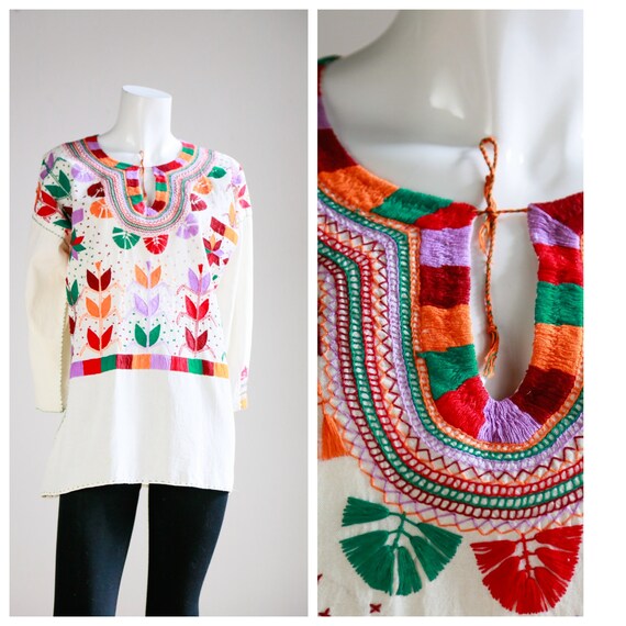 Embroidered Boho Cotton Long Sleeve Off White Tuni