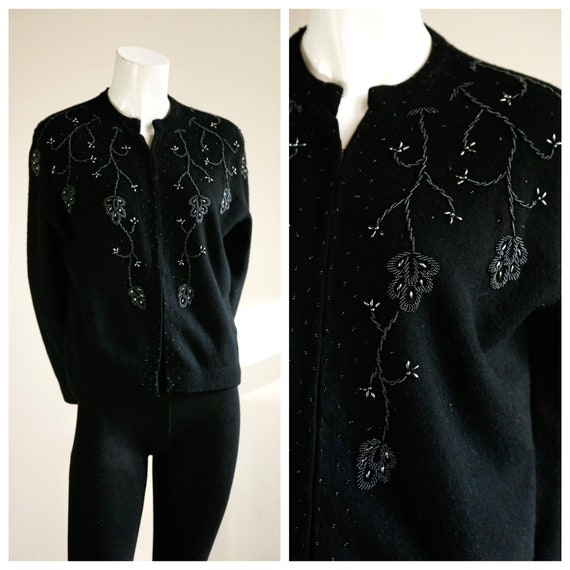 50's Floral Embroidered Beaded Wool Cardigan |Embe