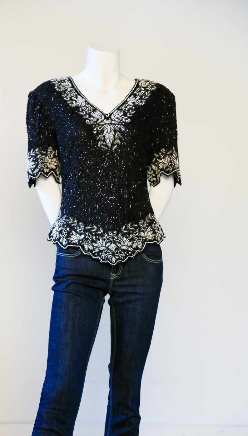 Gatsby Top| Short Sleeve Sequin Top Flapper Top Black Beaded Top Black Beaded Top Evening Top Vintage Black Silver Beaded Top