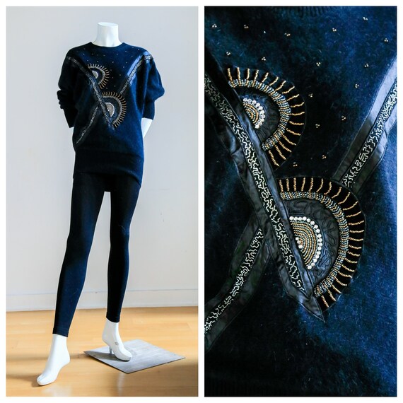 Wool Angora Black Beaded Abstract Print Sweater |