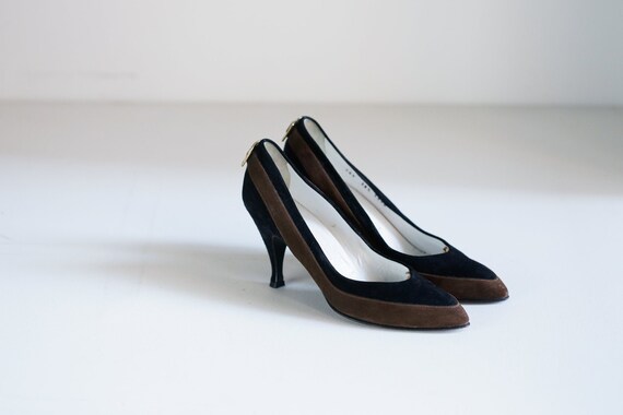 Color block Sexy Black Brown Suede Heels | Gold Bu