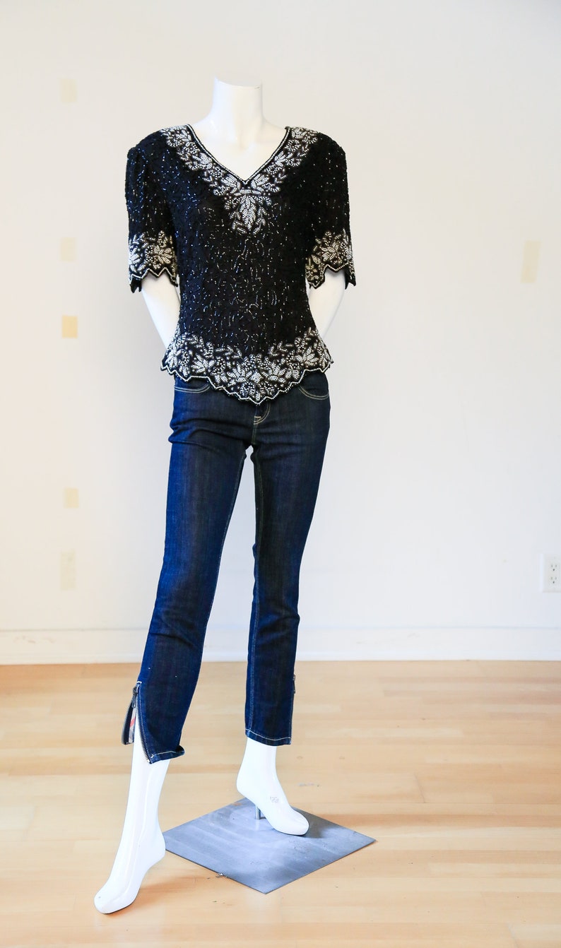 Gatsby Top| Short Sleeve Sequin Top Flapper Top Black Beaded Top Black Beaded Top Evening Top Vintage Black Silver Beaded Top