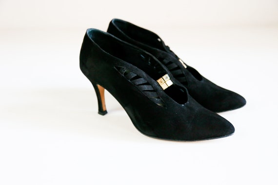 Black Suede Unique Decorative Slip on Booties | Un