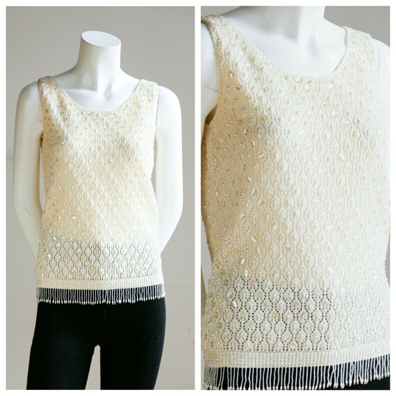 Vintage Cream Knit Crochet Beaded Sequin Tank Top