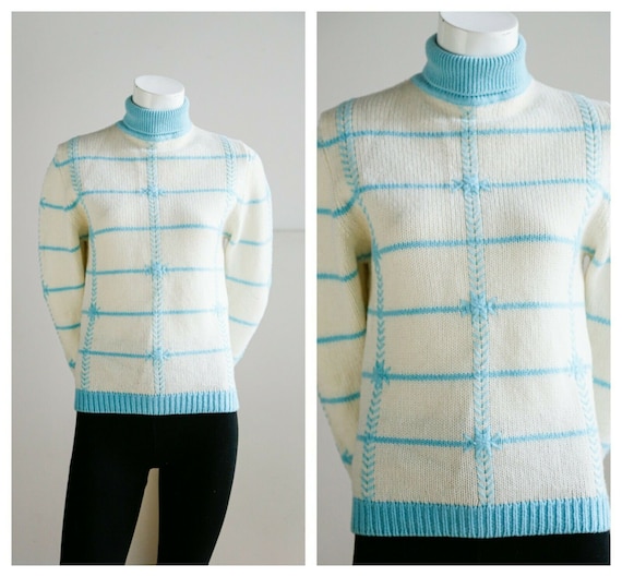 Vintage 70s Wool OOAK Unique Wool Plaid Cream Blu… - image 1