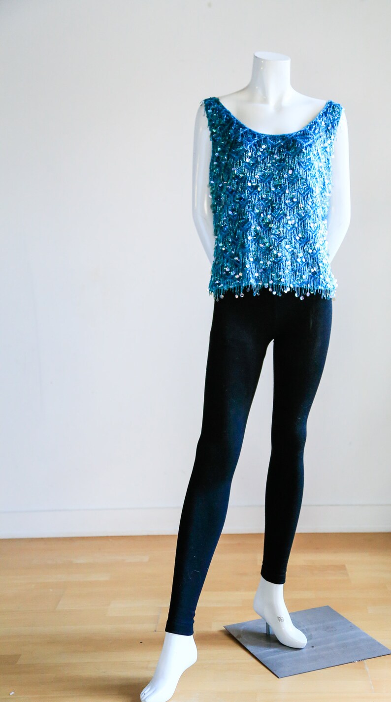 Unique Sequin Top Blue Sleeveless Sequin Top Mermaid Sequin Top Flapper Top Aqua Blue Sequin and Bead Knit Embellished Tank Top