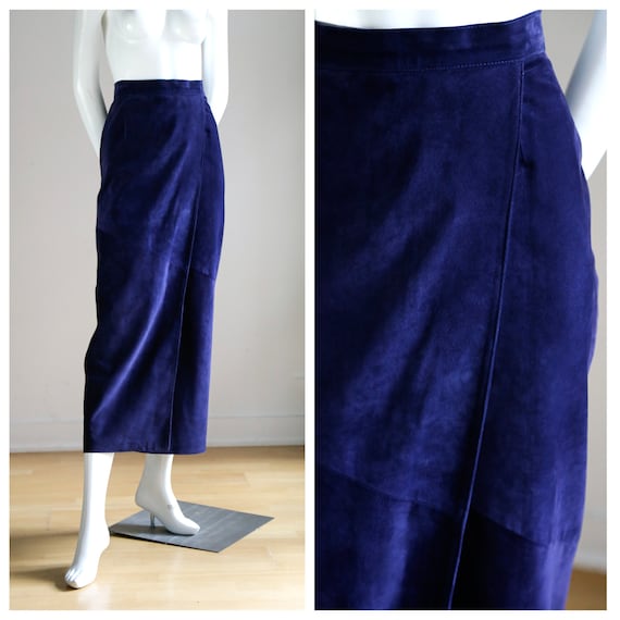 Ink Blue Purple Long Faux Wrap Suede Midi Skirt |