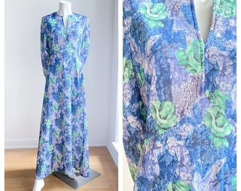 Vintage Abstract Floral Rose print Blue Green Long Sleeve Maxi M