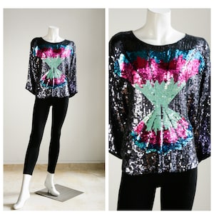 Vintage Beaded Sequin Embroidered Silk Top | Colourful Sequin Embellished Top |Shiny Sequin Party Top |Vintage Colourful Sequin Evening Top