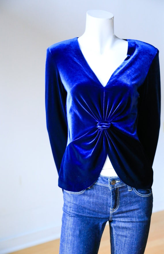 90s Velvet V Neck Knot Detail Midnight Blue Long S