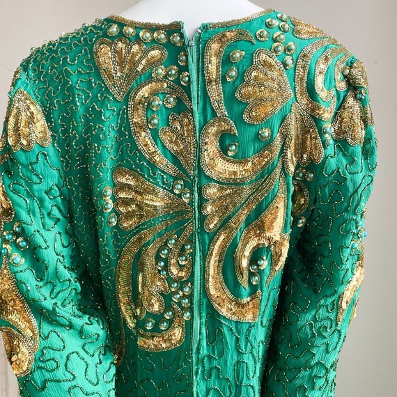 Vintage Emerald Green Silk Gold Beaded Embroidere… - image 10