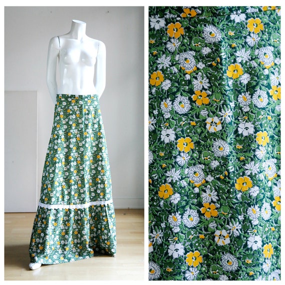 70s A line Fine Floral Maxi Prairie Skirt |Vintage