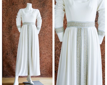 Vintage 70s White Gold Silver Trim Grecian Roman Style Long Sleeve Gown w lurex Thread Trim Small