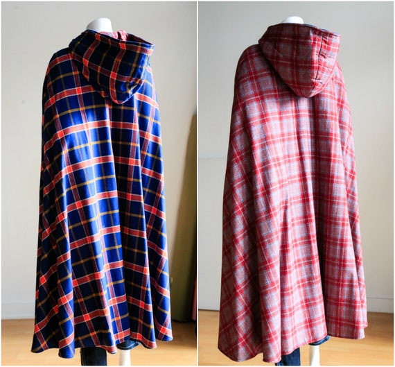 Vintage Plaid Wool Cape | Plaid Hooded Cape | Plai