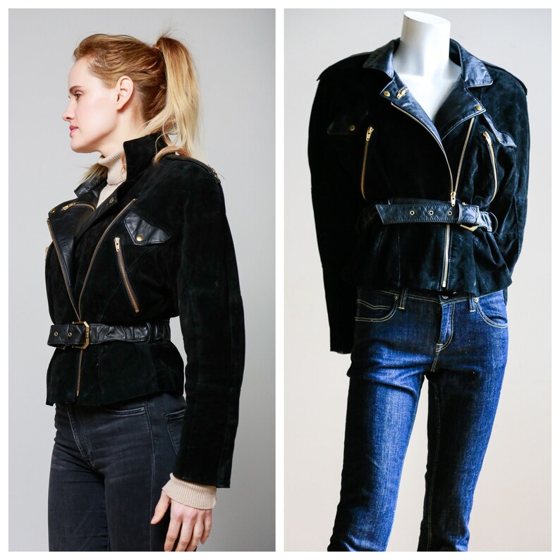 90s Black Suede Leather Moto Jacket Gold Zippers Classic Image 0