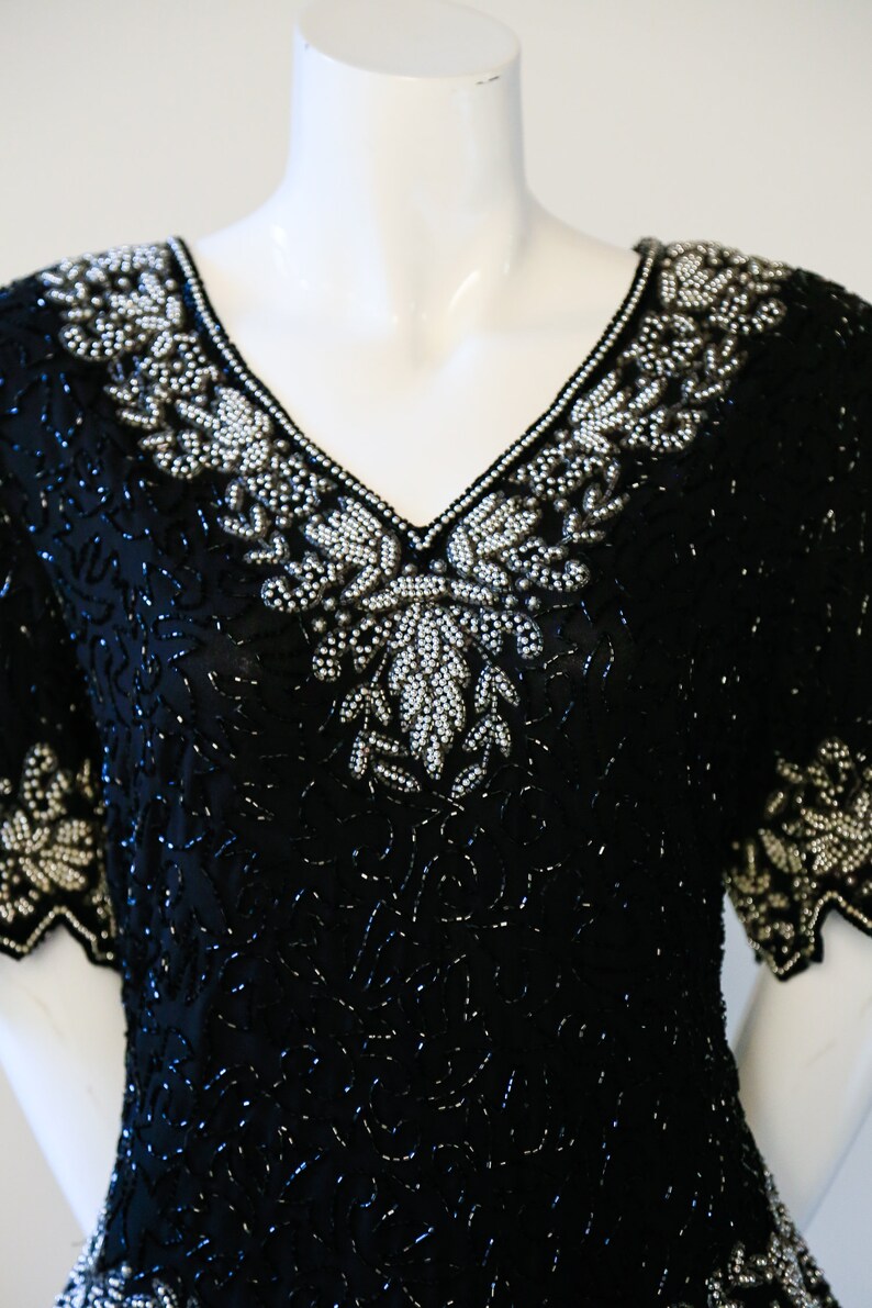 Gatsby Top| Short Sleeve Sequin Top Flapper Top Black Beaded Top Black Beaded Top Evening Top Vintage Black Silver Beaded Top