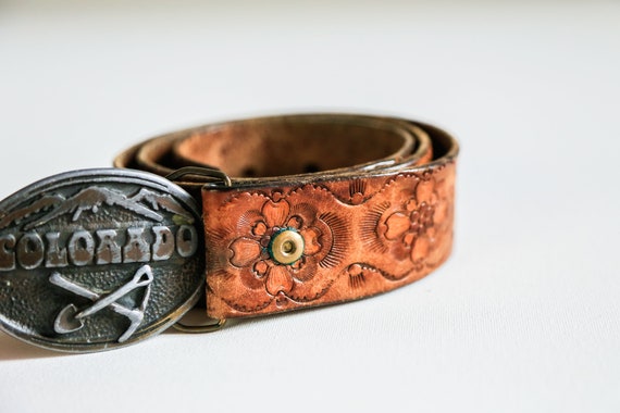 Vintage Colorado Mines Buckle Hand Tooled Leather… - image 2