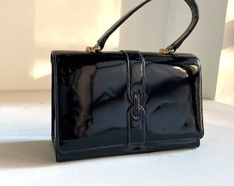Vintage Black Paten Leather Small Box Structured Top Handle Bag