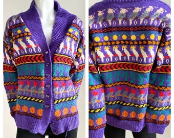 Vintage Colourful Parrot Print Handmade Wool Cardigan M