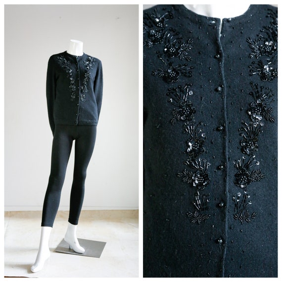 50's Floral Embroidered Beaded Wool Cardigan |Emb