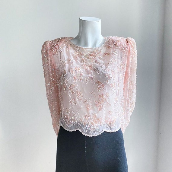 Vintage SILK Peach Pink Beaded Embroidered Croppe… - image 2