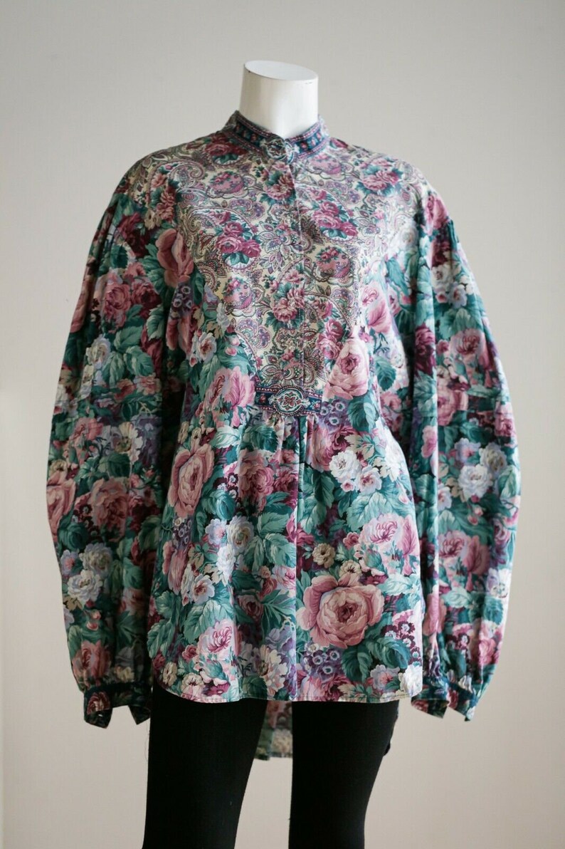 80s Colours Floral Garden Print Oversized Handmade Tunic Top English Floral Garden Teal Purple Pink Rose and Paisley Print Tunic