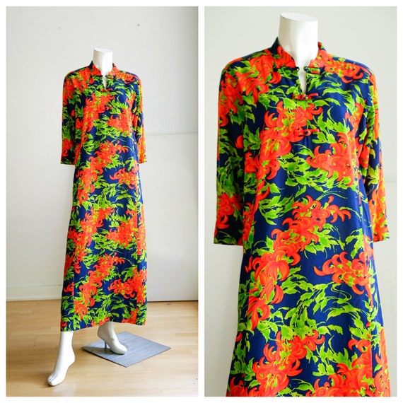 Blue Floral Short Sleeve A line Tiki Maxi Dress |
