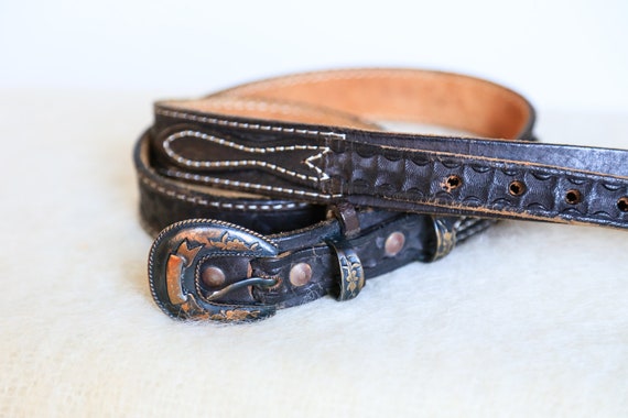 Southwestern Hand Tooled Skinny Dark Brown Leather