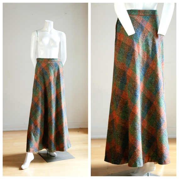 Vintage Large Scale Plaid Wool A-line Maxi Skirt