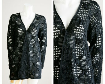 Vintage Black Cordé Crochet Knit Open Front OOAk Couture Quality Mourning Funeral  Widow Blazer