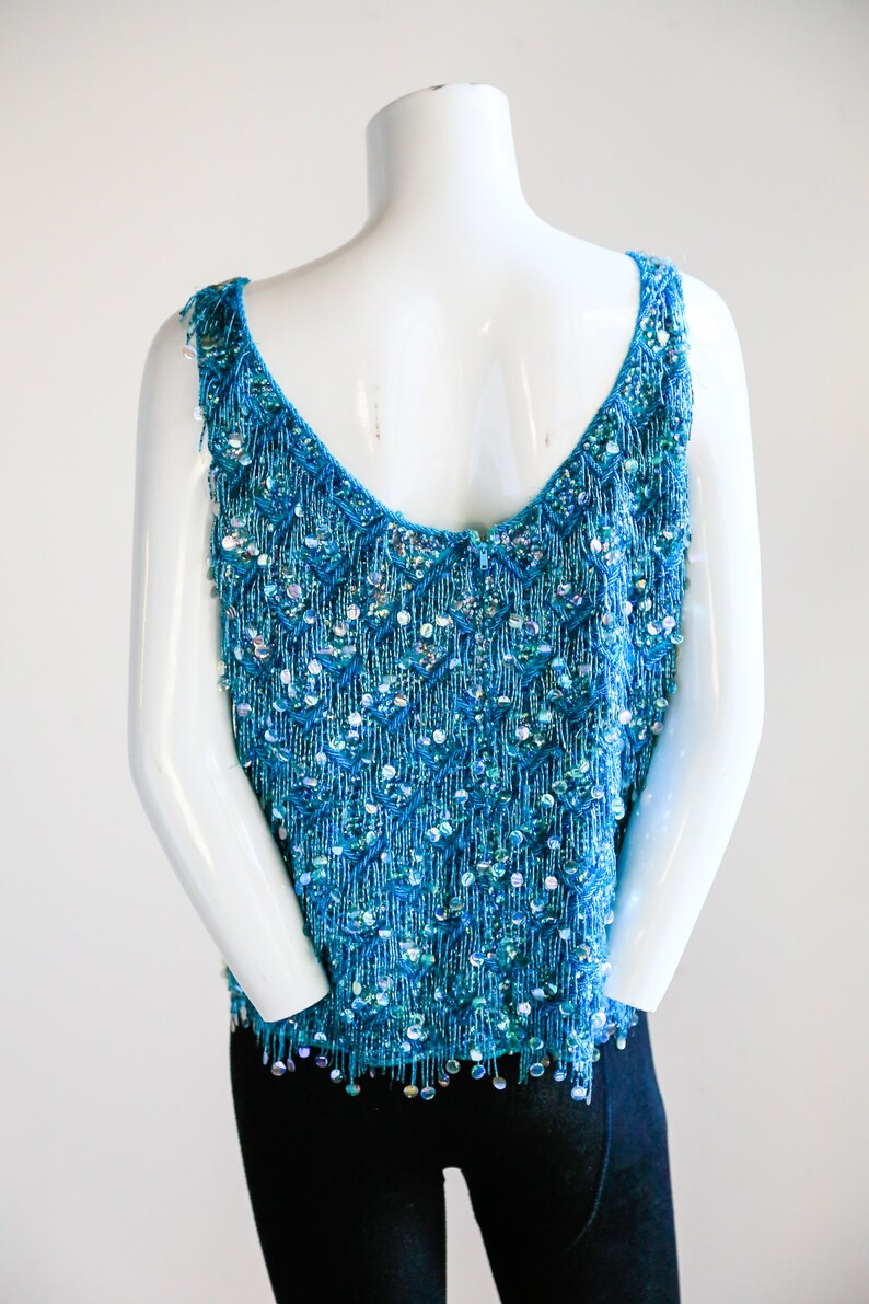 Unique Sequin Top Blue Sleeveless Sequin Top Mermaid Sequin Top Flapper Top Aqua Blue Sequin and Bead Knit Embellished Tank Top