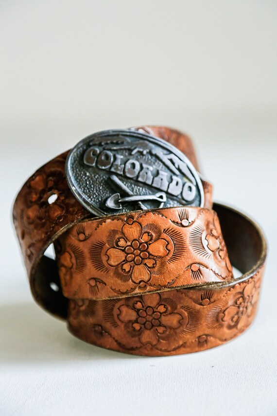 Vintage Colorado Mines Buckle Hand Tooled Leather… - image 5