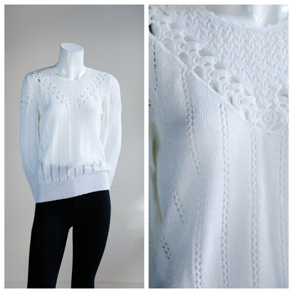 vintage white Viscose crochet top with white purls size 10