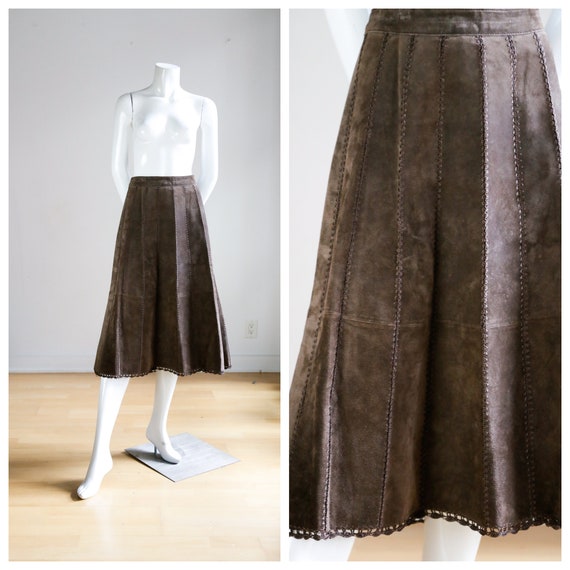 Vintage 70s Style Brown Suede and Crochet High Wa