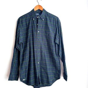 Vintage Polo Ralph Lauren Green Blue Plaid Logo Button Down Shirt M