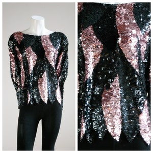 Black Pink Sequin Top |  Long Sleeves Sequin Top | Holiday Sequin Top | Shiny Geometric Print Top | Sparkly Part Top | Shiny Party Top