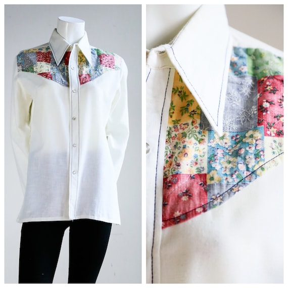 70s Patchwork Detail White Pearl Snap Button Cotto