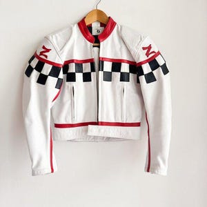 Vintage Z Customs White Leather Geometric Print Cropped Moto Jacket S