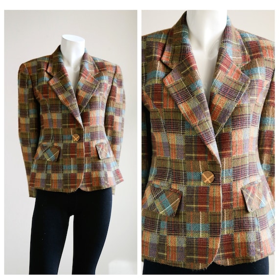 Vintage Patchwork Plaid Multi Colour Wool Blazer |