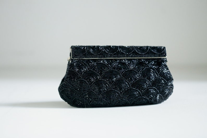 Classic Timeless Vintage Beaded Small Clutch Purse Art Deco Print Unique Black Beaded Clutch Purse Vintage Beaded OOAK Evening Clotch