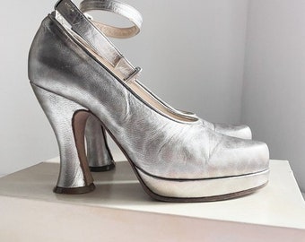 Vintage Peter Fox Silver Ankle Strap Classic Handmade Heels w Original Box 8.5