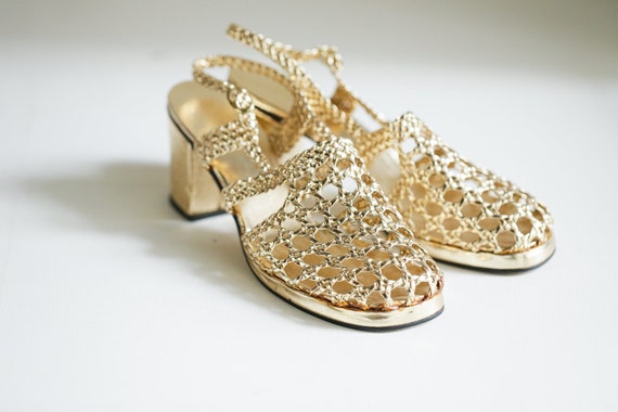 Vintage 70s Gold Braided Woven Block Heel Loafers