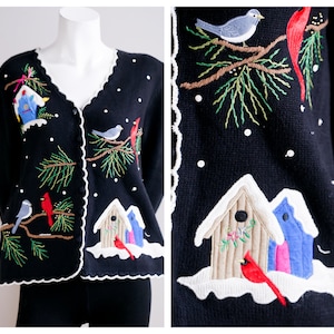 ヴィンテージスタジオジョイ刺繍OOAKクリスマスカーディガンウィンターシーンS