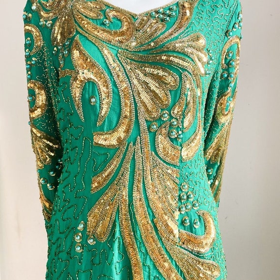 Vintage Emerald Green Silk Gold Beaded Embroidere… - image 3