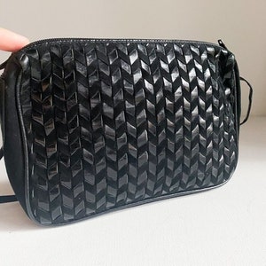 Vintage Black Suede Woven Motif Small Compact Unique Camera Crossbody