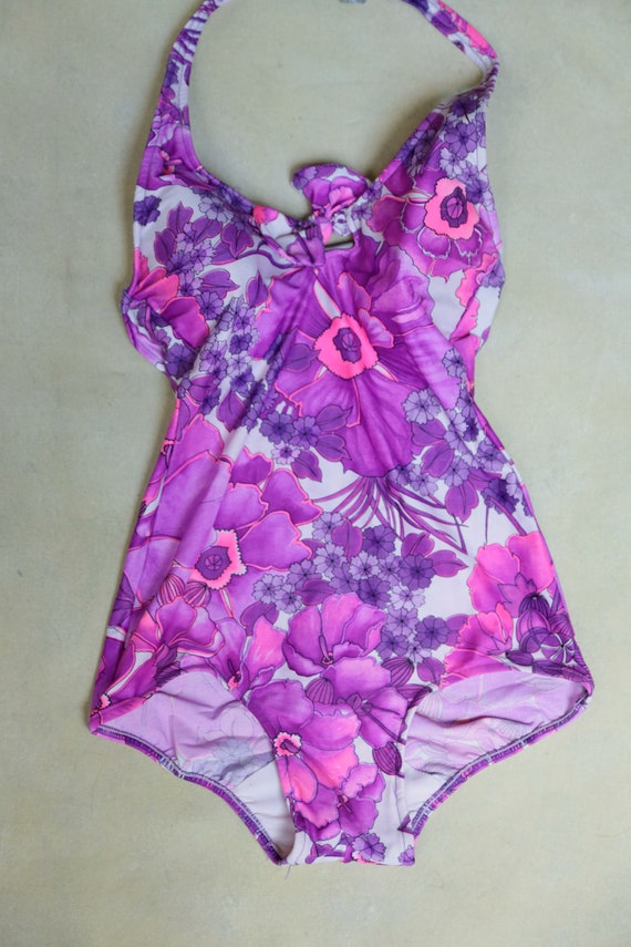 Vintage Floral one Piece  Halter Swimsuit | Low B… - image 9