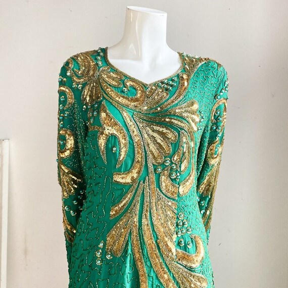 Vintage Emerald Green Silk Gold Beaded Embroidere… - image 2